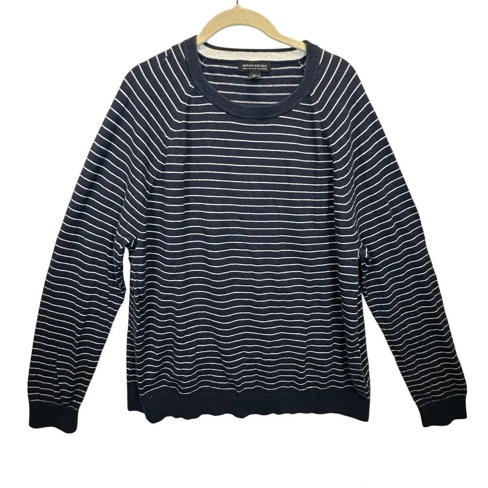 Banana Republic Mens XL Pima Cotton Cashmere Striped Sweater Navy White Raglan